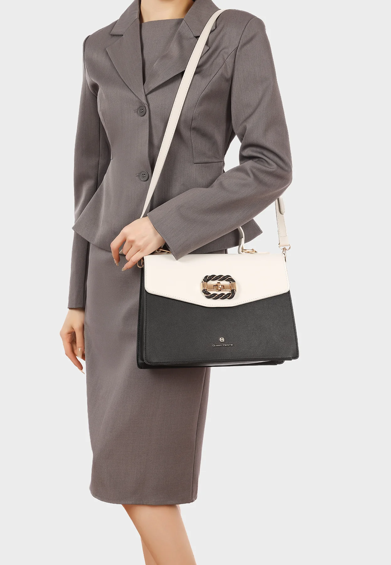 Borsa a mano elegante bicolore con fibbia e manico M1108