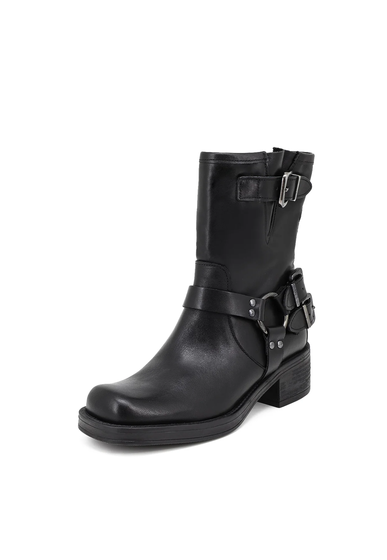 Stivaletto biker nero in vera pelle con fibbie CAMP3 - Image 3
